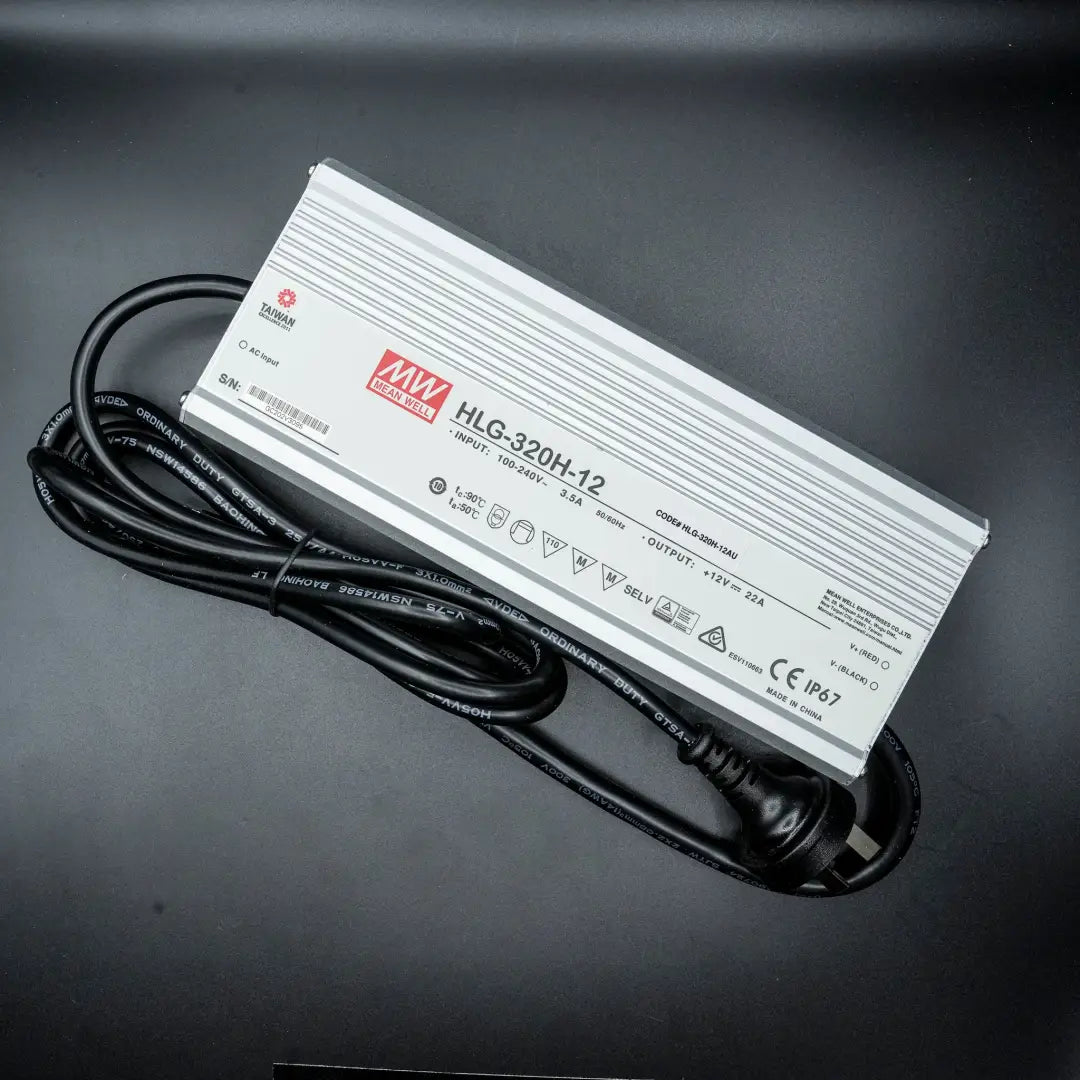 High-quality LED driver for LED lighting systems, Mean Well HLG 12V 320W IP67 with black power cable
