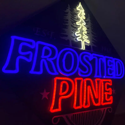 Flexible Neon sign displaying FROSTED PINE with illuminated pine tree design for modern neon signs