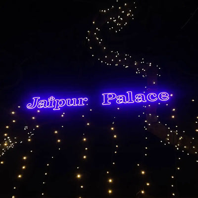 Neon blue sign Jaipur Palace with decorative lights showcasing flexible neon architectural strips