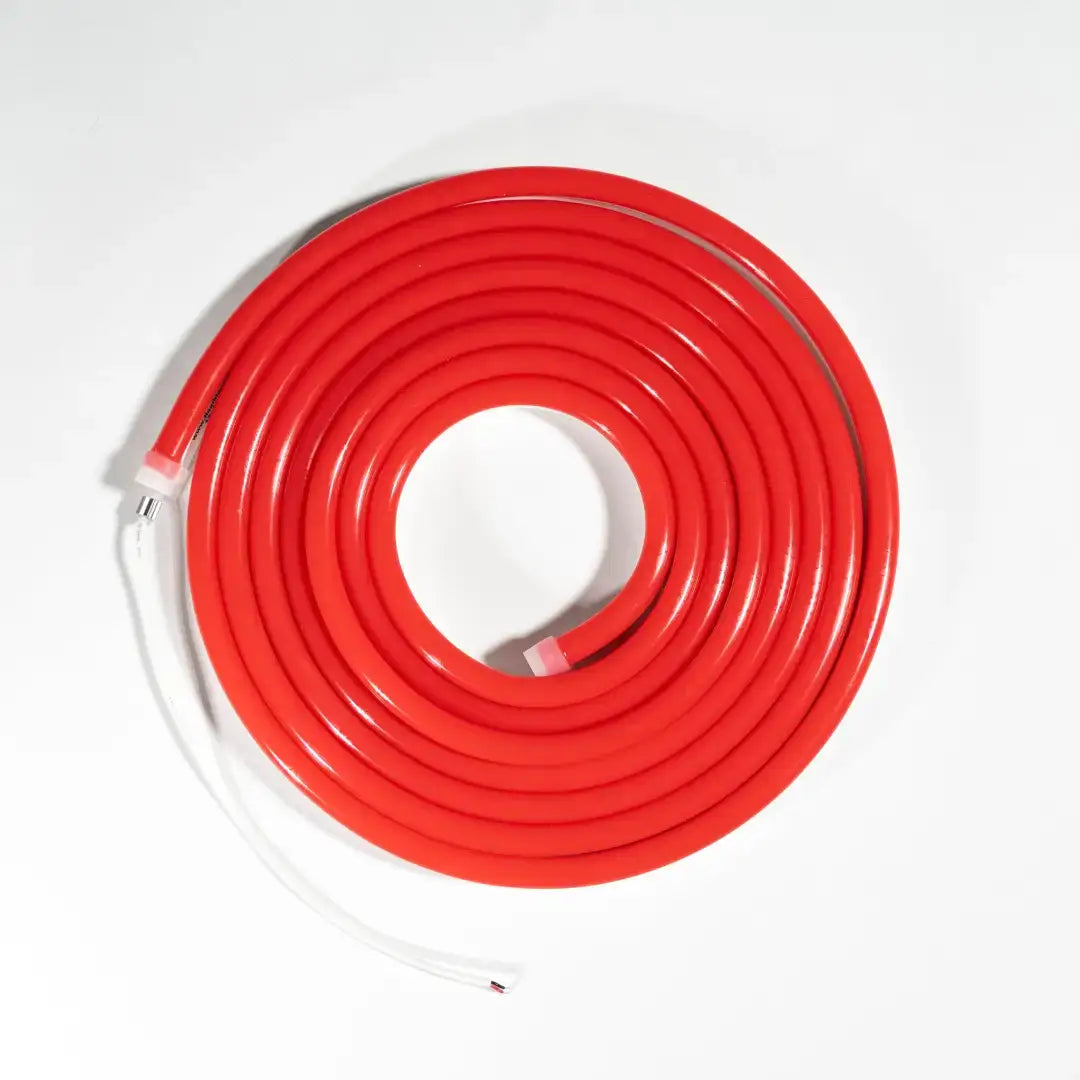 Red coiled rubber tube with clear connectors for flexible neon and architectural strips