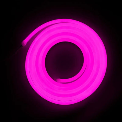Glowing pink neon circle with flexible neon for horizontal bending and architectural strips
