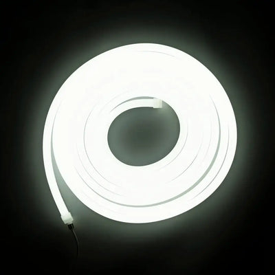 Glowing white flexible neon LED strip with horizontal bending in a circular shape for versatile lighting