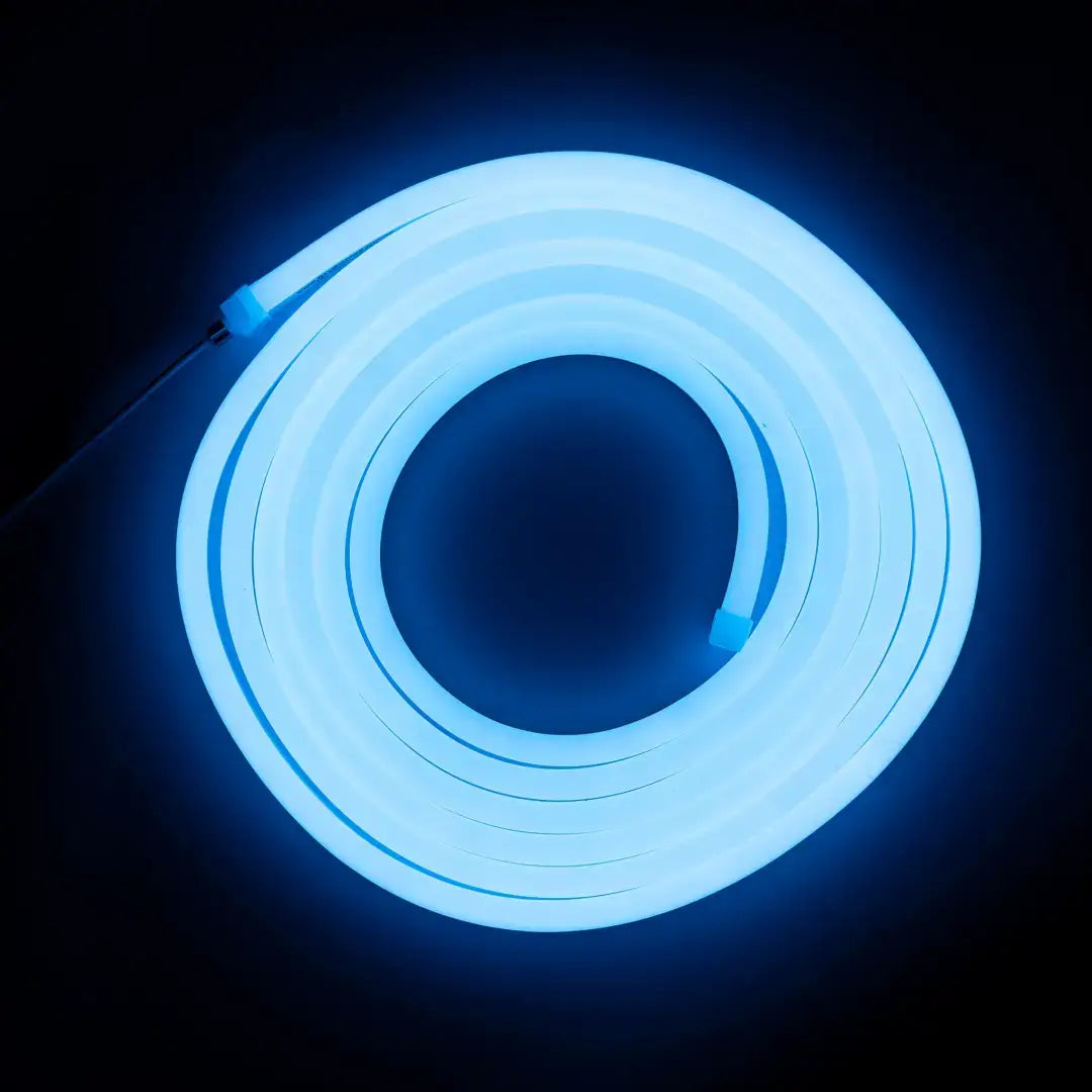 Glowing blue neon flex tube with horizontal bending, ideal for neon LED strip projects