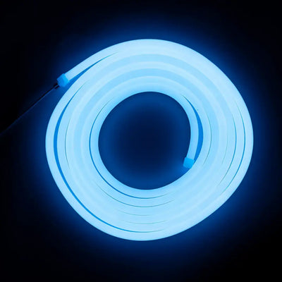 Glowing blue neon flex tube with horizontal bending, ideal for neon LED strip projects