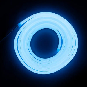 Glowing blue neon flex tube with horizontal bending, ideal for neon LED strip projects