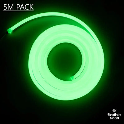 Coiled green neon flex tube glowing brightly for flexible neon or architectural strips use