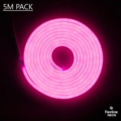 Coiled pink neon flex light rope glowing against dark space, ideal as a flexible neon LED strip with 8x10x16 PVC Flex