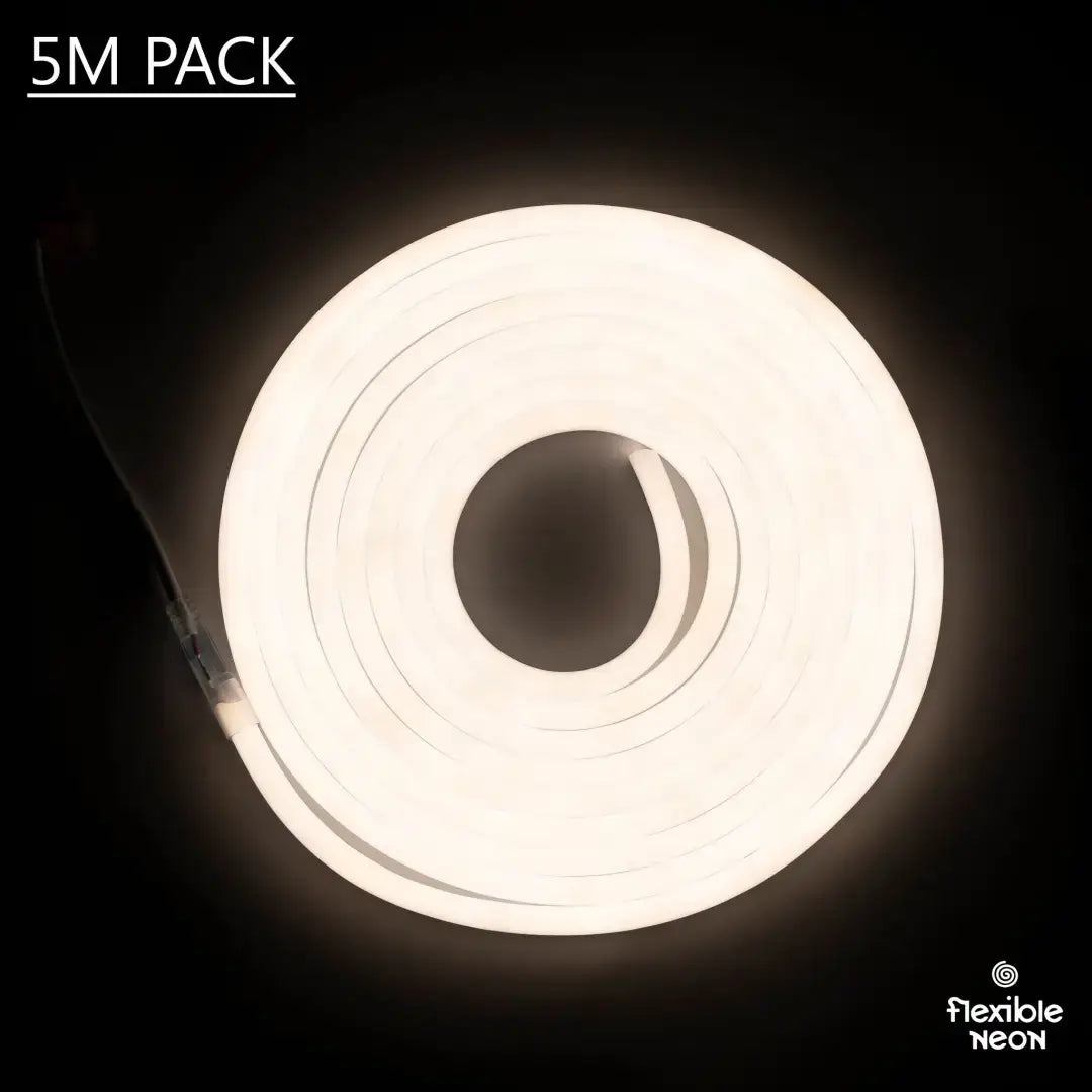 Glowing white circular neon light tube coil for flexible neon or neon LED strip applications