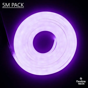 Glowing purple neon flex tube coiled in a circle for flexible neon LED strip project
