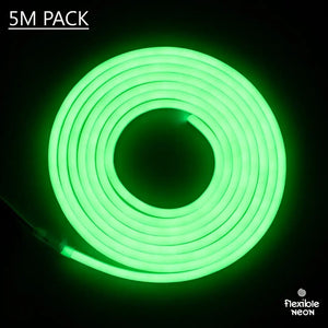 Coiled green neon flex tube glowing brightly with 8x10x16 PVC Flex and 12V LED driver