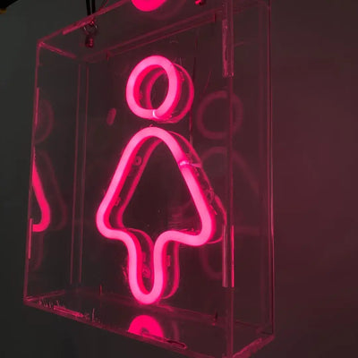 Pink neon bathroom sign with female symbol showcasing flexible neon LED strip lighting