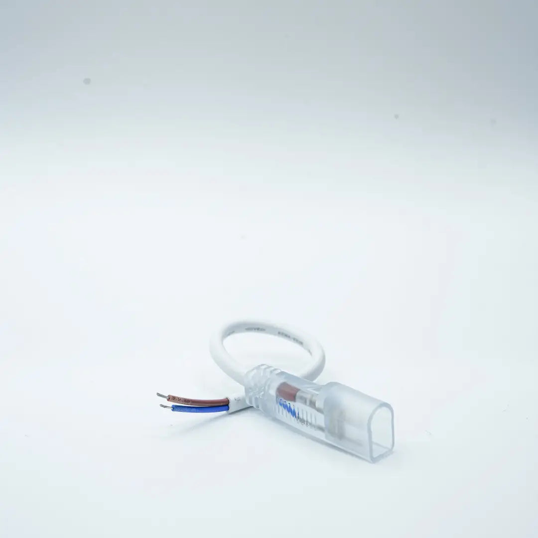 Clear plastic electrical connector with exposed colored wires for 8x10x16 quick connectors and flexible neon accessories