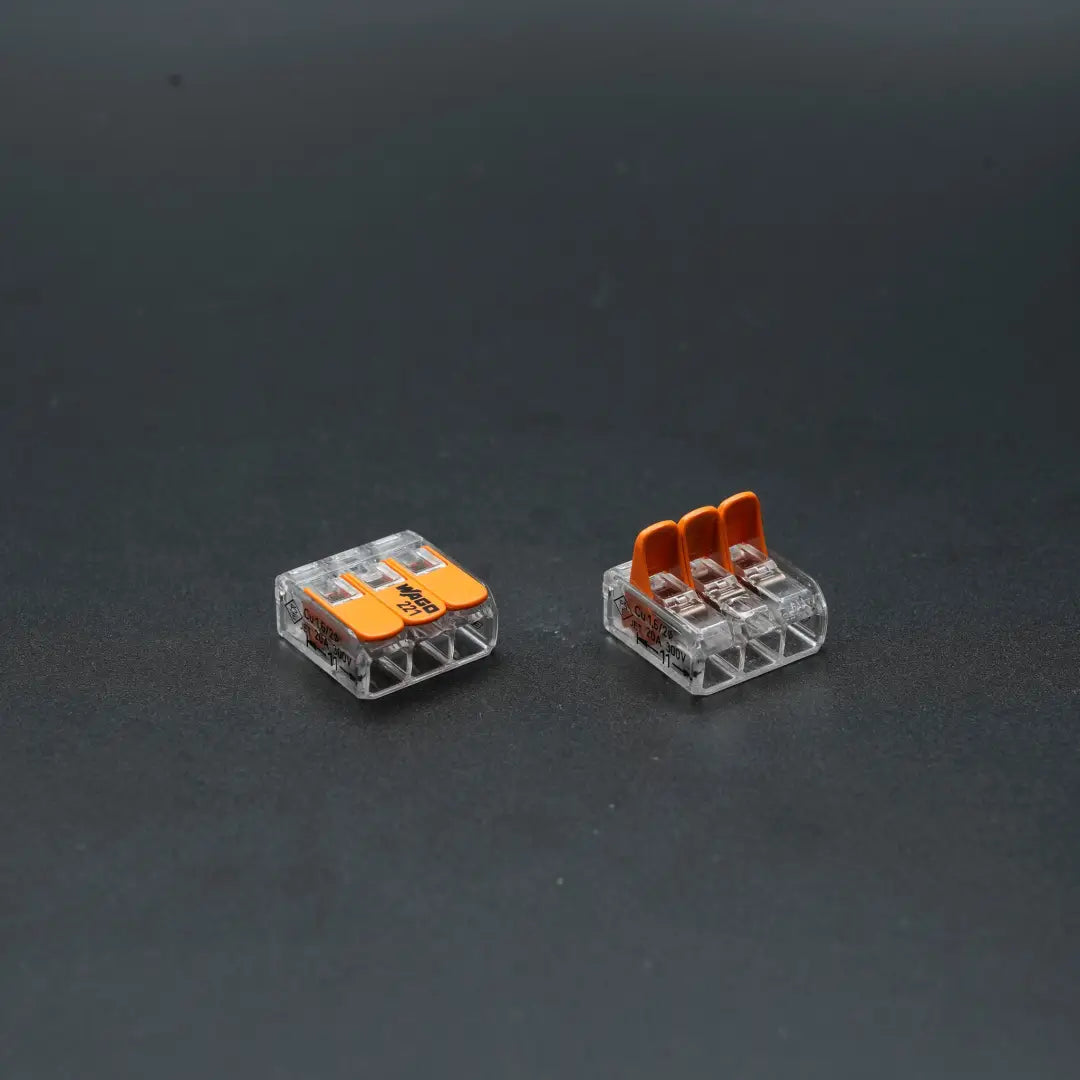 Clear plastic Wago connectors- 4mm with orange lever-style terminals for quickly connecting two wires in 50-pack
