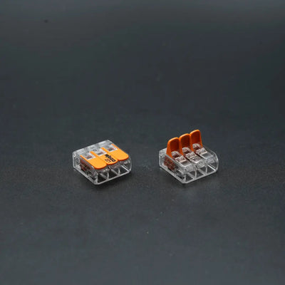 Clear plastic Wago connectors- 4mm with orange lever-style terminals for quickly connecting two wires in 50-pack