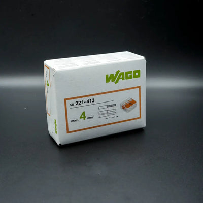 White WAGO electrical connector box with orange labeling for quick connecting two wires, 4mm