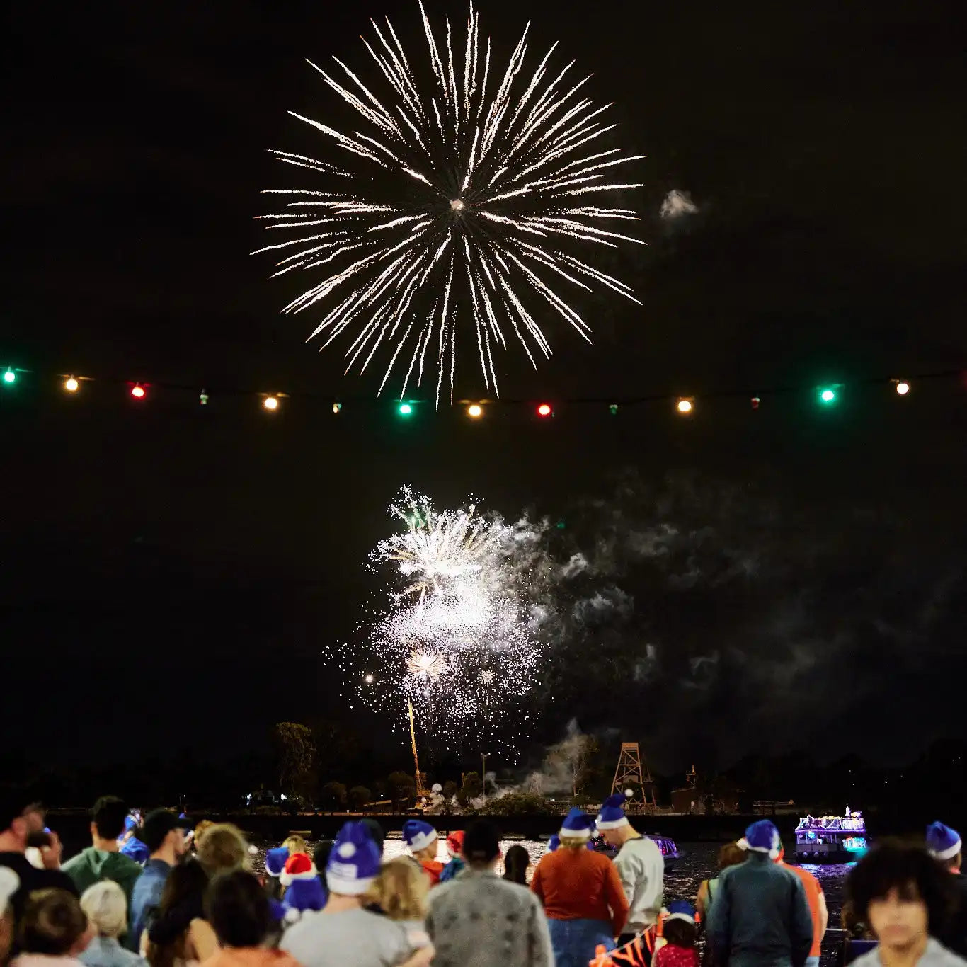 White starburst firework exploding in a circular pattern against the night sky.